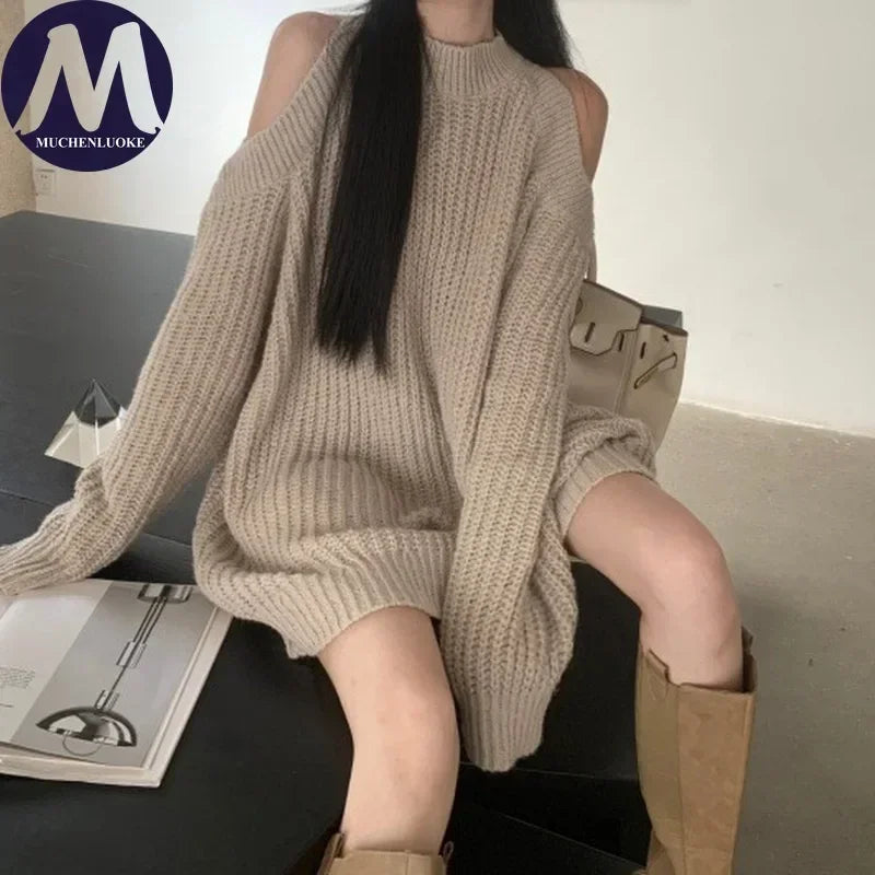 Women's Korean Fashion Knitted Sweater Autumn Winter High Collar Off-Shoulder Casual Loose Pullover Half Hanging Neck Design