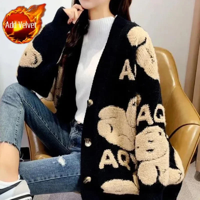 Long Knit Tops for Woman Graphic Black Winter Button Cardigan Cute Women's Sweater Kawaii V-neck Korean Fashion Crochet Luxury