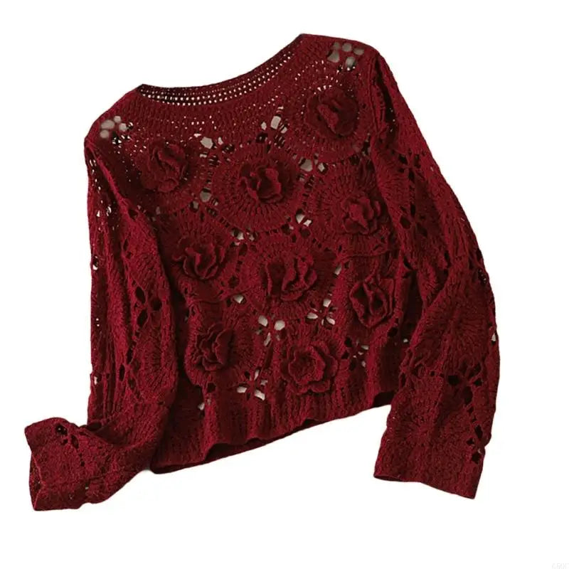 G5GC Crochet Hollowed Out Knit Sweater Crop Top for Women Soft Cotton Fabric Elegant 3D Flower Long Sleeve Pullover Coverup