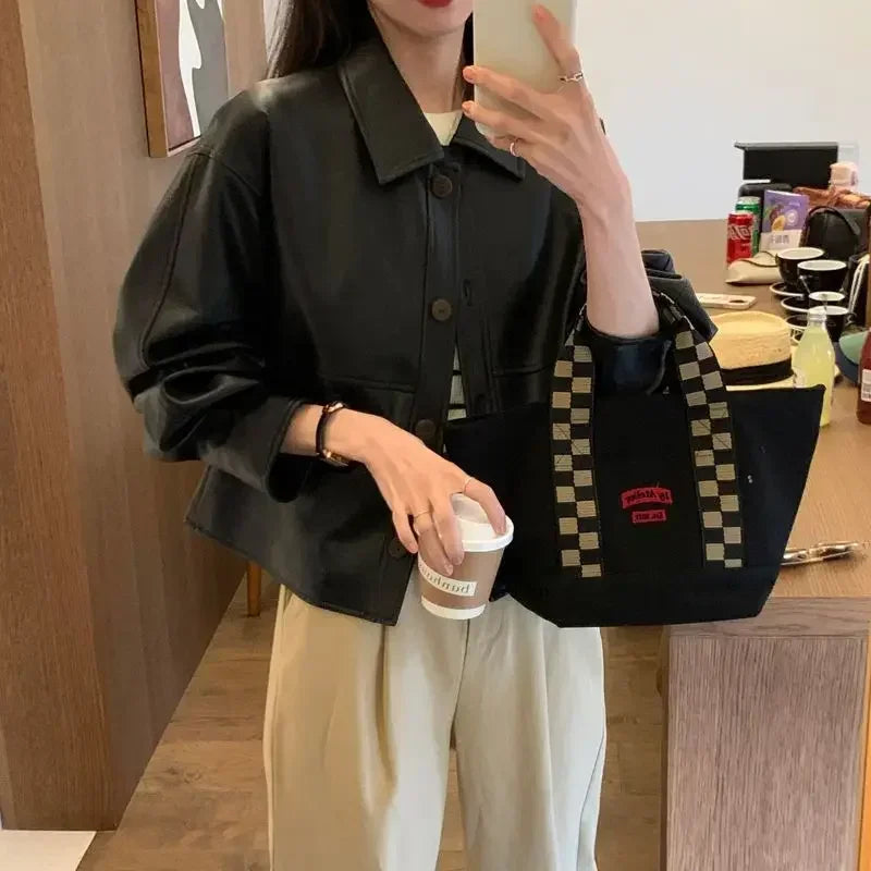 2024 Fashion Trend Cropped Leather Jacket Women High Street Black Punk PU Coat Streetwear Thin Vintage Casual Leather Blazers