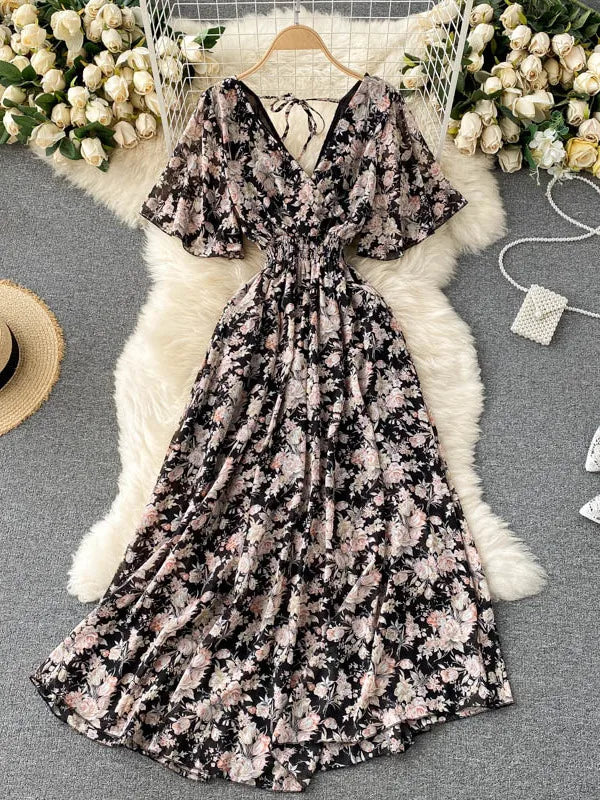 2025 Women Summer Dress Short Flare Sleeve V-neck Chiffon Maxi Dress Boho Style Floral Print High Waist A-line Beach Long Dress