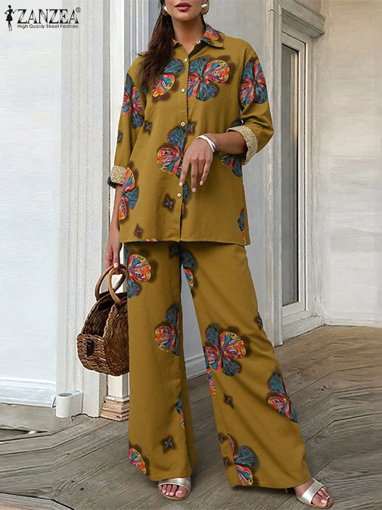 ZANZEA Women Cotton Pant Sets 2025 Print Vintage Autumn Long Sleeve Shirts Wide Leg Pants Outfit Casual OL Suits Oversized Sets