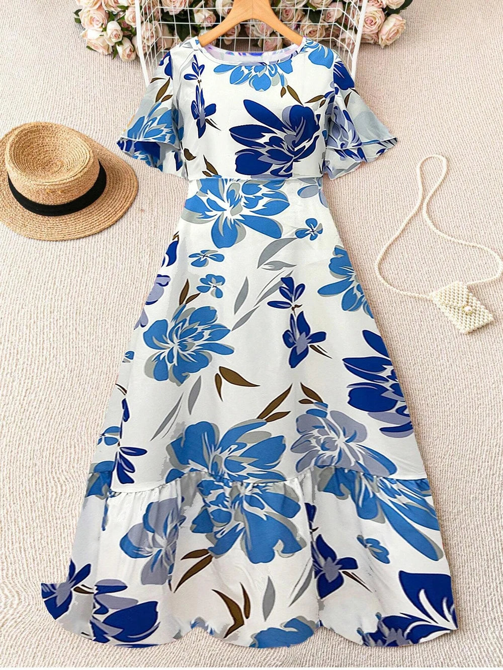 Women's French print frilly short sleeve crew neck dress and floor holiday beachwear