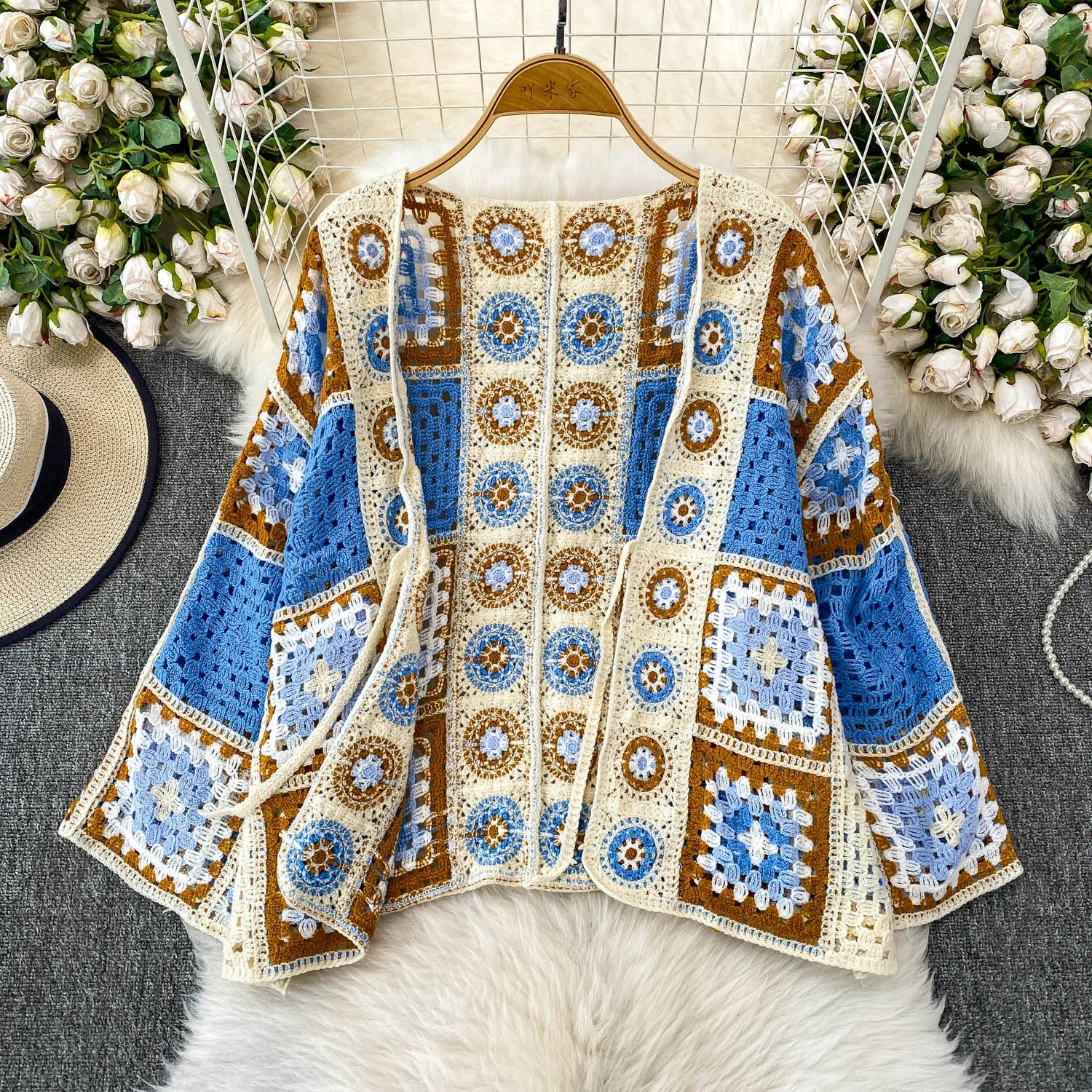 Granny Square Crochet Top Tie Front Cardigan Oversized Blouse Women Summer Beach Bikini Cover Up Bohemian Vacation Outfit