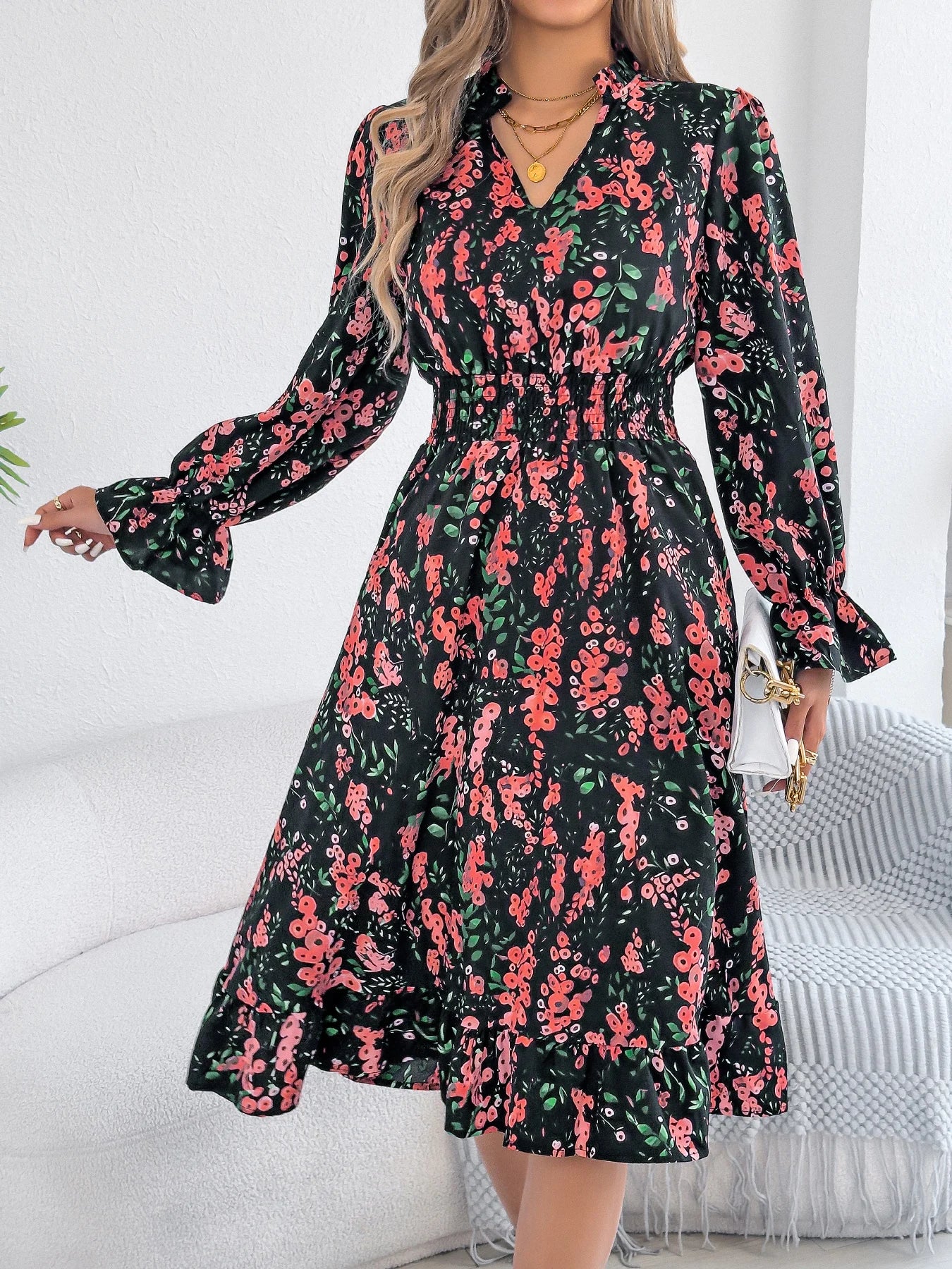 Elegant Floral Print Dresses Women 2025 Autumn Winter V Neck Flare Long Sleeve Ruffled A Line Dress