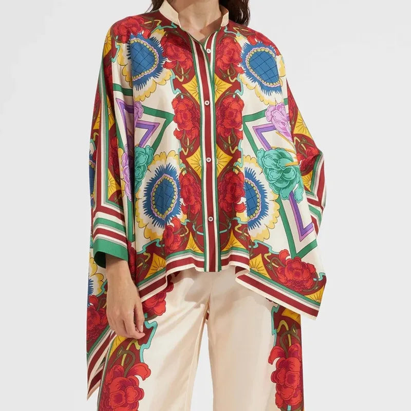 2025 Autumn Fashion Trend Women's Suit Retro Print Irregular Loose Long-sleeved Shirt + Casual Elastic Waist Wide-leg Pants Suit