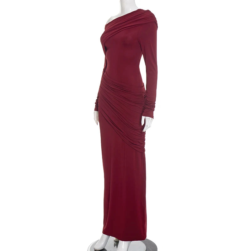 CUTENOVA Women'S Fall/Winter New Arrival Solid Color Elegant Fitted Asymmetrical Neckline Pleated Long Dress Chic Party Dress