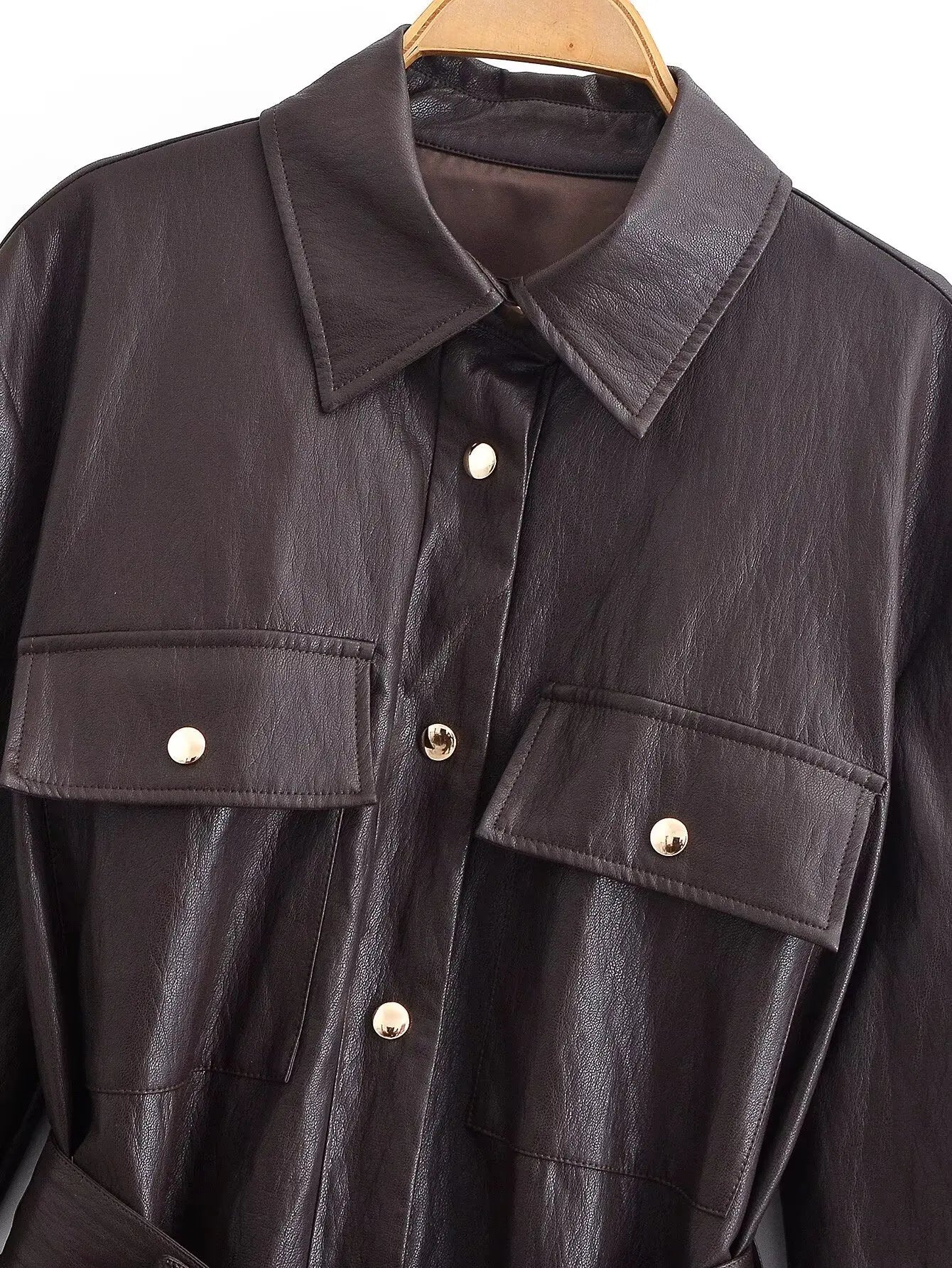 Women Fashion Elegant Faux Leather Jacket Fall Winter High Street Casual With Belted Solid Coat Female Long Sleeve Loose Outwear