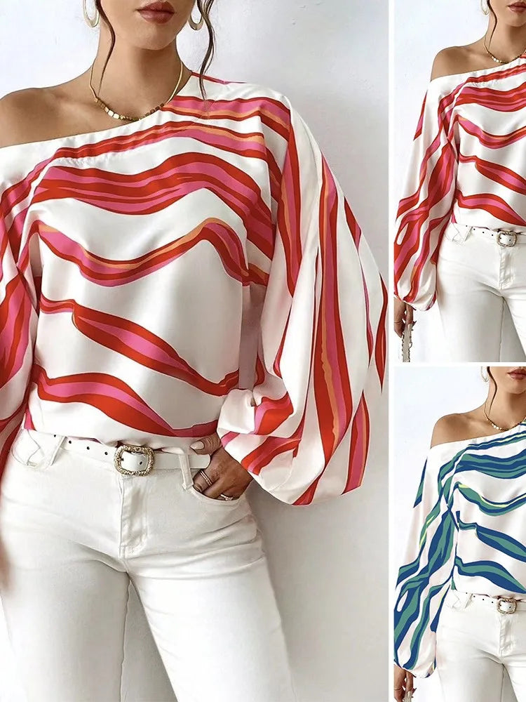 Women's Clothing 2024 Spring Summer New Style Temperament Off Shoulder One Neck Fashionable Printed Loose Women's Shirt