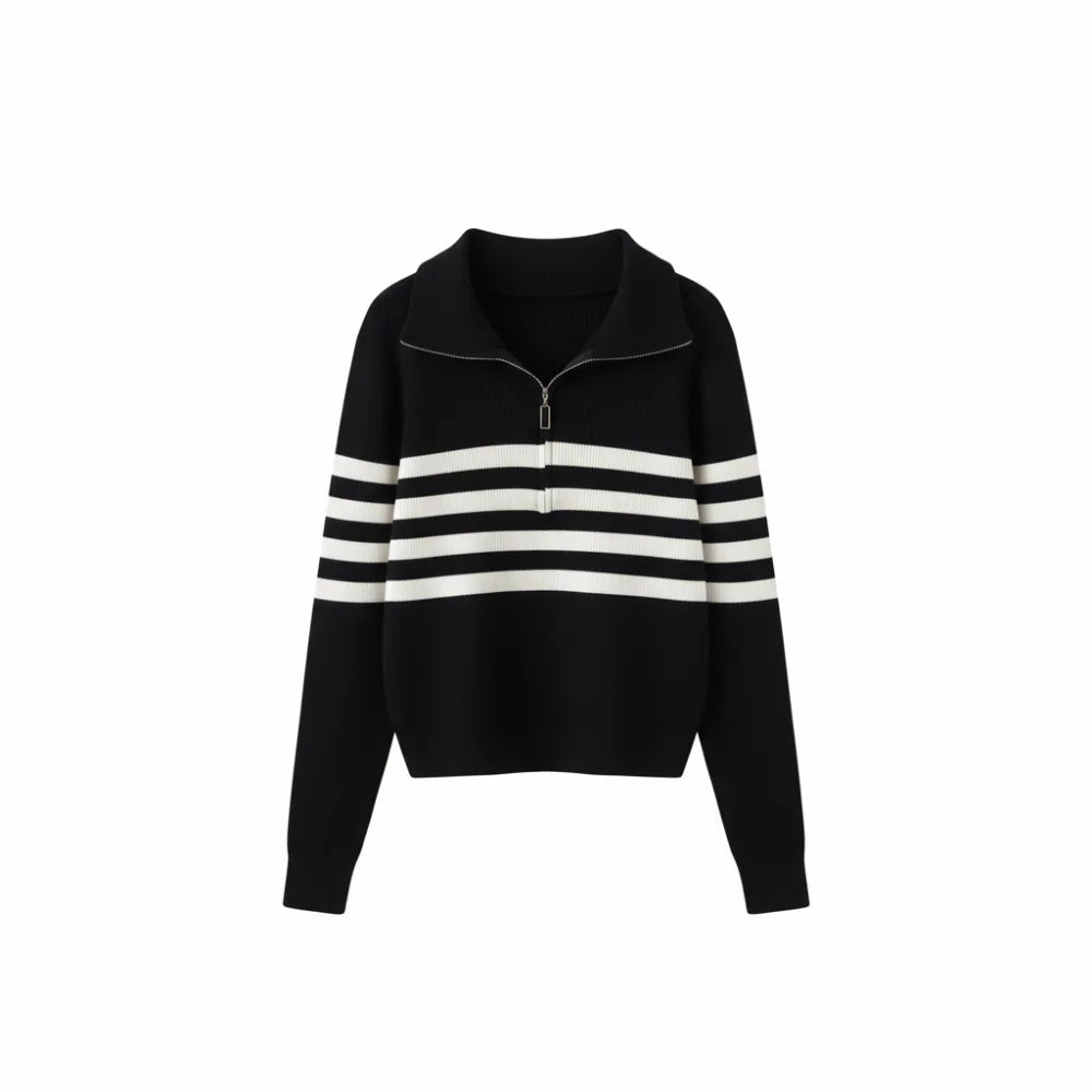 Korean Style Long Sleeve Knit Stripe Sweater Slim Fit Zipper Crochet Knitwear Soft Autumn Winter Sweet Girl's Pullover Women