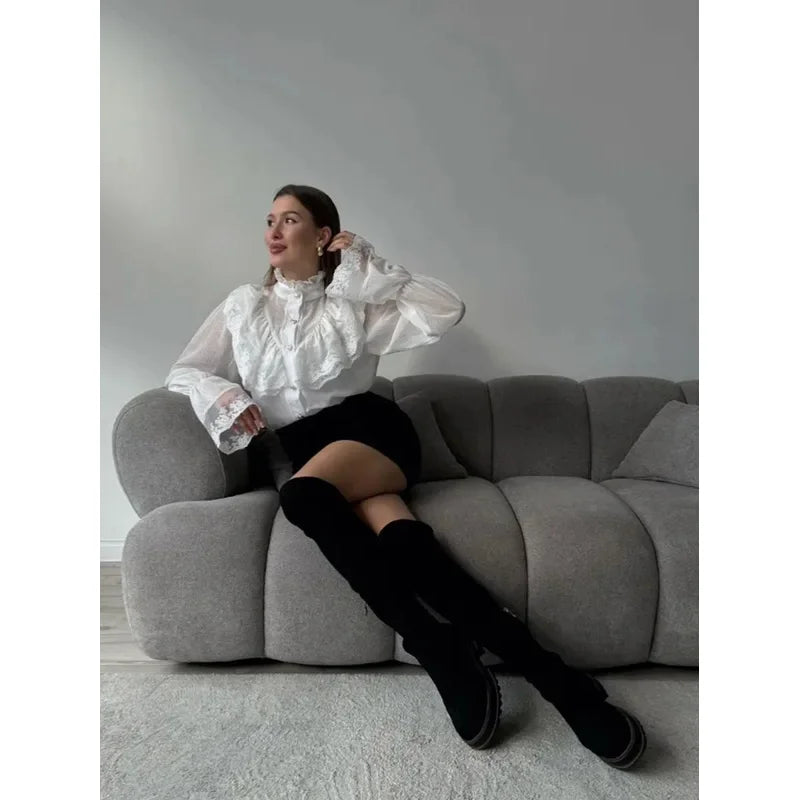 Fashion Korean White Blouse Women Blusas Stand Neck Chiffon Shirts Long Sleeve Ruffles Lace Blouses Vintage Elegant Femme Tops