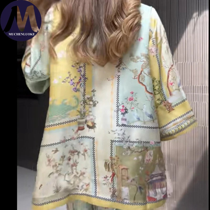 Women's Two Pieces Set Summer New Elegant Printed Long Sleeves V Neck Top Suits Fashionable Casual Loose Wide Leg Pants Sets