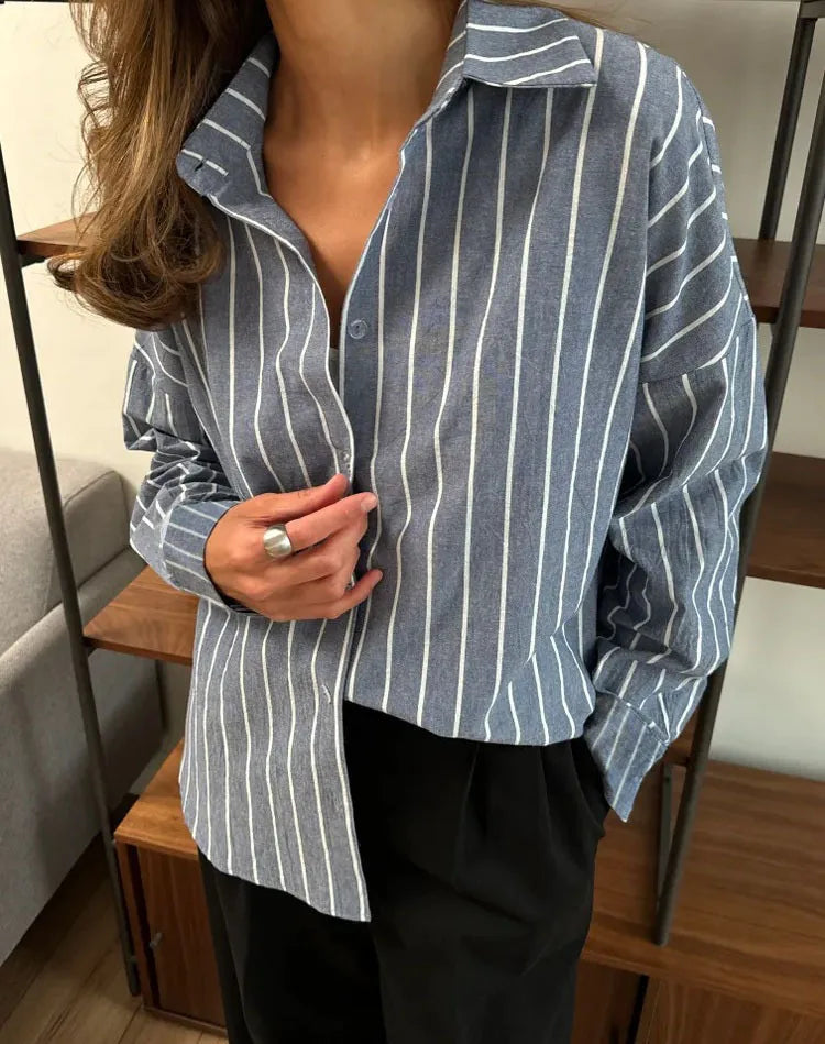 Women's Striped Shirt Casual Loose Polo Neck Long Sleeve Single Breasted Basic Office Lady Shirts