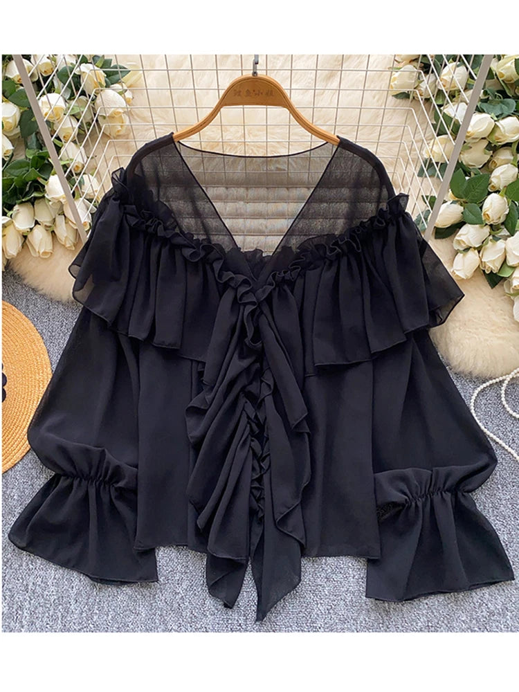 New Summer Autumn Women's Ruffle Splicing Horn Sleeve Chiffon Blouse Top Apricot Fashion Elegant Loose Blusa Feminina C313