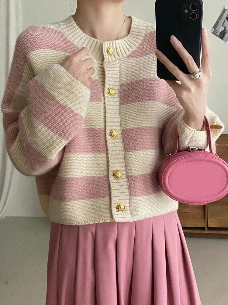 Korean Fashion Sweater Cardigan Women Knitted Striped Sweater Autumn Winter Long Sleeve Loose Short Cardigans Female Casual Tops