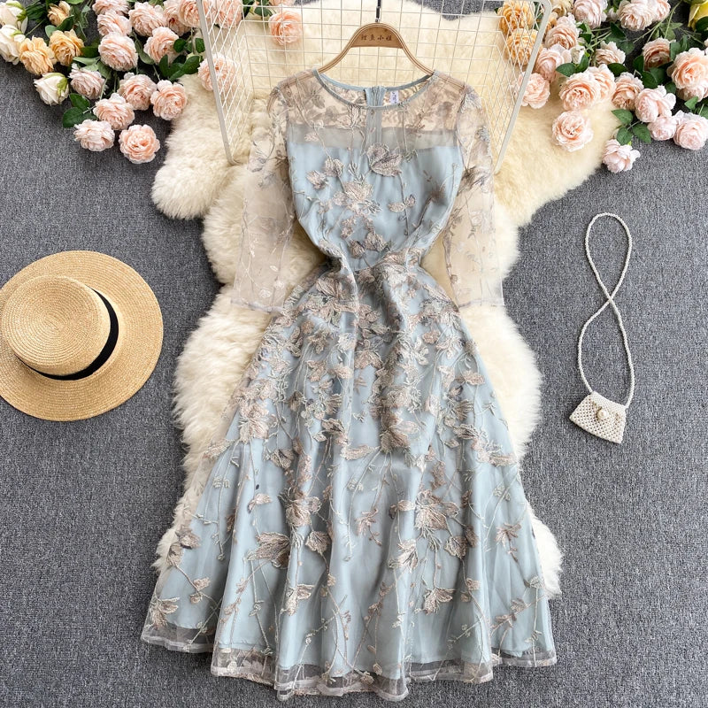 Ele Embroidered Net Gown Dr Korean Sle round Ne High Waist A-Line Skirt for Young Women Summer Faion Dr