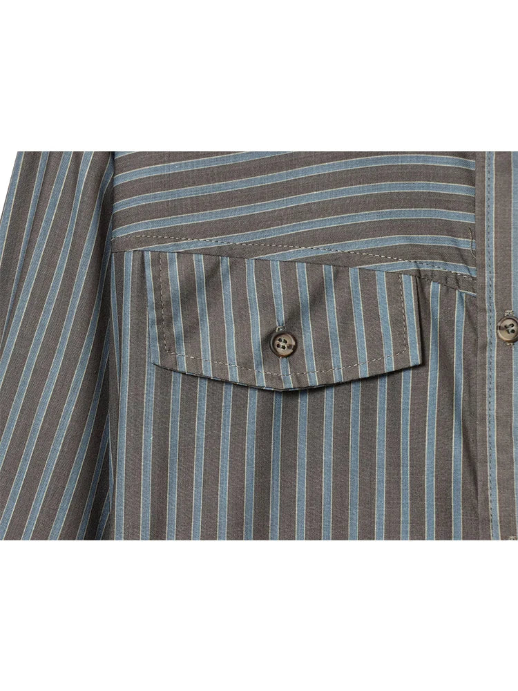 Women Fashion Stripe Printed Shirt New Elegant Lapel Long Sleeve Office Blouses Casual Pockets Decor Blouse Female Clothing
