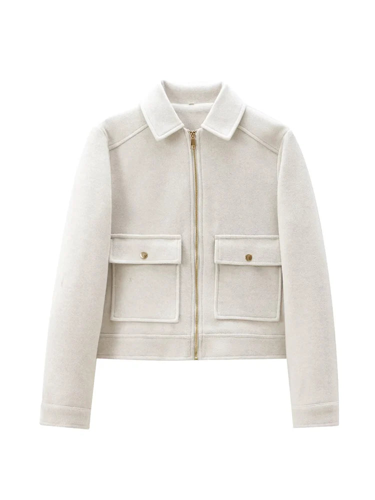 Women's Short Jackets Autumn Winter Fashion Solid Long Sleeve Front Pockets Zipper Jacket Elegant Ladies Casual Outerwear