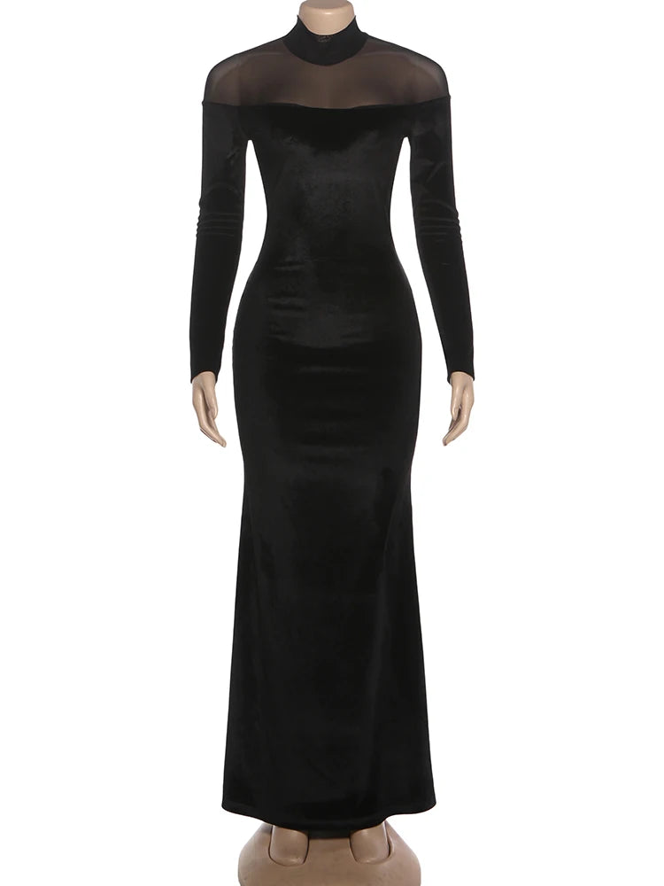 Nibber Full Sleeve Turtleneck Mesh Patchwork Long Dress Woman Elegant Velvet Slim High Waist Evening Prom Party Elegant Bodycon