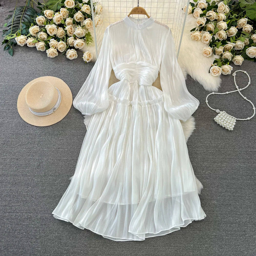 Elegant Long Sleeve Midi Party Dresses Women Summer Autumn Bright Faux Silk Retro Solid Evening Party Vestidos