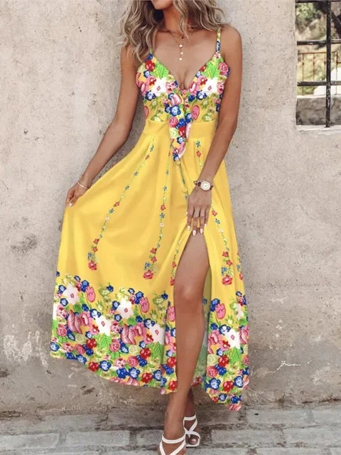 Boho Beach Sexy New Long Dresses Women Fashion Floral Print V-Neck Slim Sleeveless Backless Beach Maxi White Dress Elegant Robe