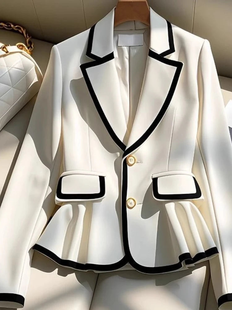 French Elegant Blazers Notched Collar Long Sleeve Ruffles Contrast Color Coats Spring Autumn Female Slim Design Women's Clothing
