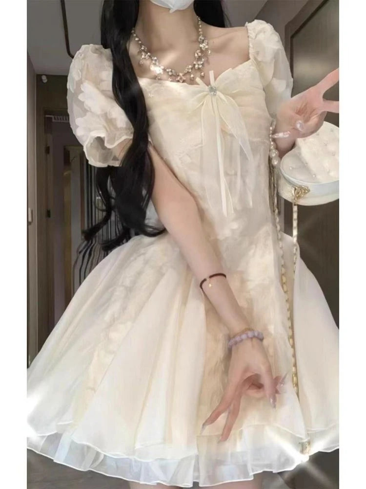 Summer French Sweet Pure Style First Puff Sleeve Lace Trim White Dress Women Slim Fit Waist A-Line Short Dress Elegant Clothes