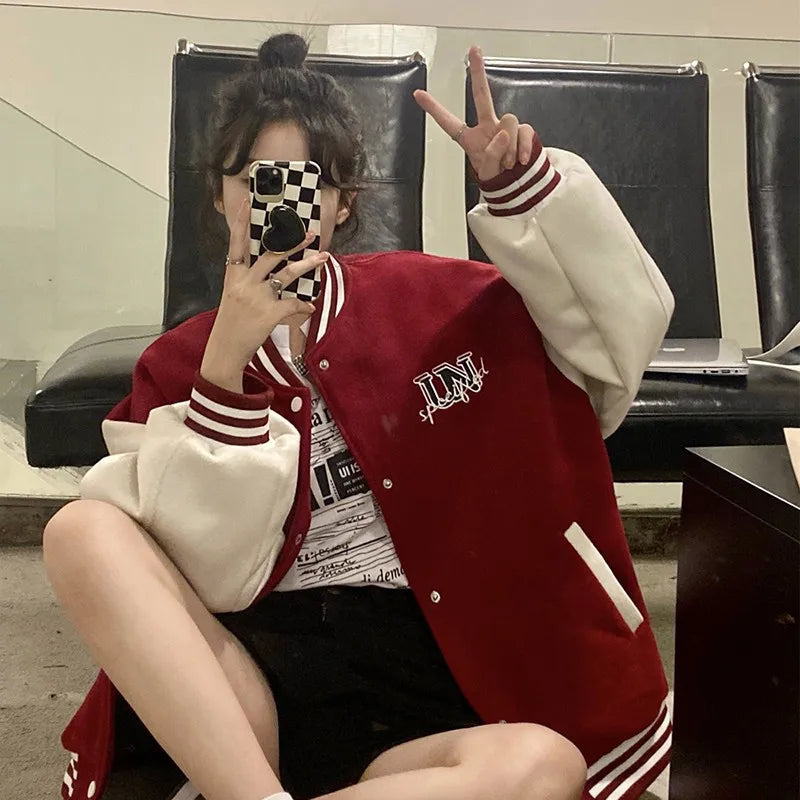 Women Red Brown Fashion Coat Vintage Baseball Jackets  Autumn Y2k Varsity Bomber Jacket Streetwear Outerwear Tide Hip Hop Fall