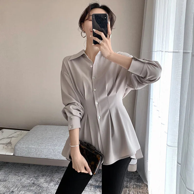 Elegant Women Shirts Woman Waist Long Sleeve Lapel Single Breasted Sashe Shirt Office Lady Business Pleated Ruched Blouses Tops