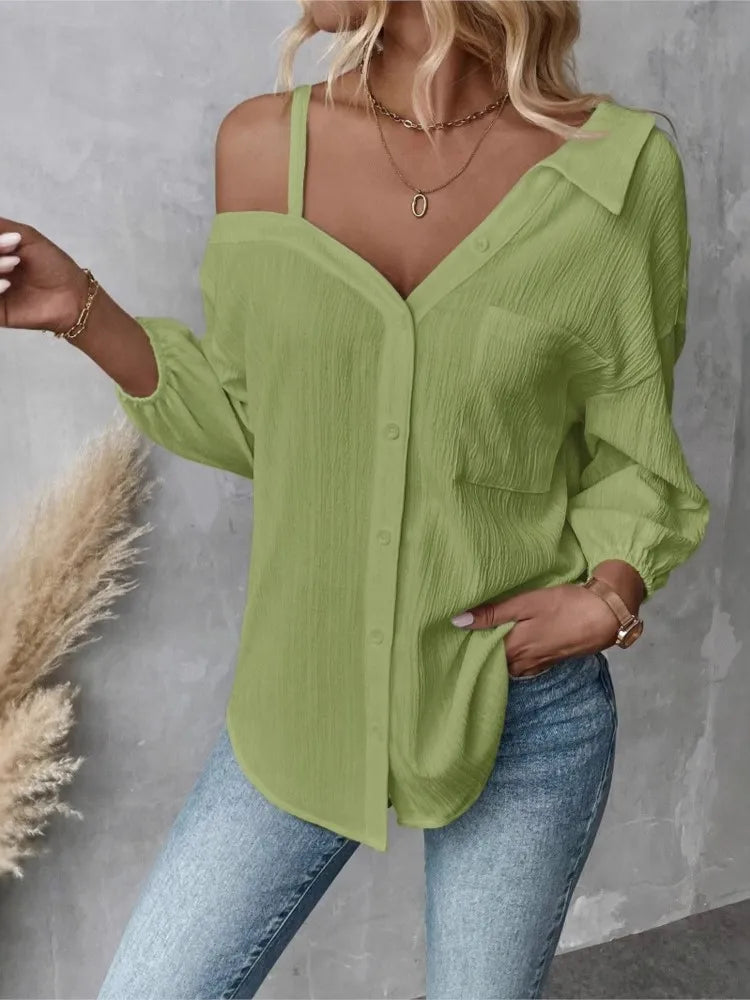 Women Solid Shirt Sexy V Neck Off Shoulder White Shirts Tops Lady Fashion Pockets Button Office Top Womens Clothing Summer New