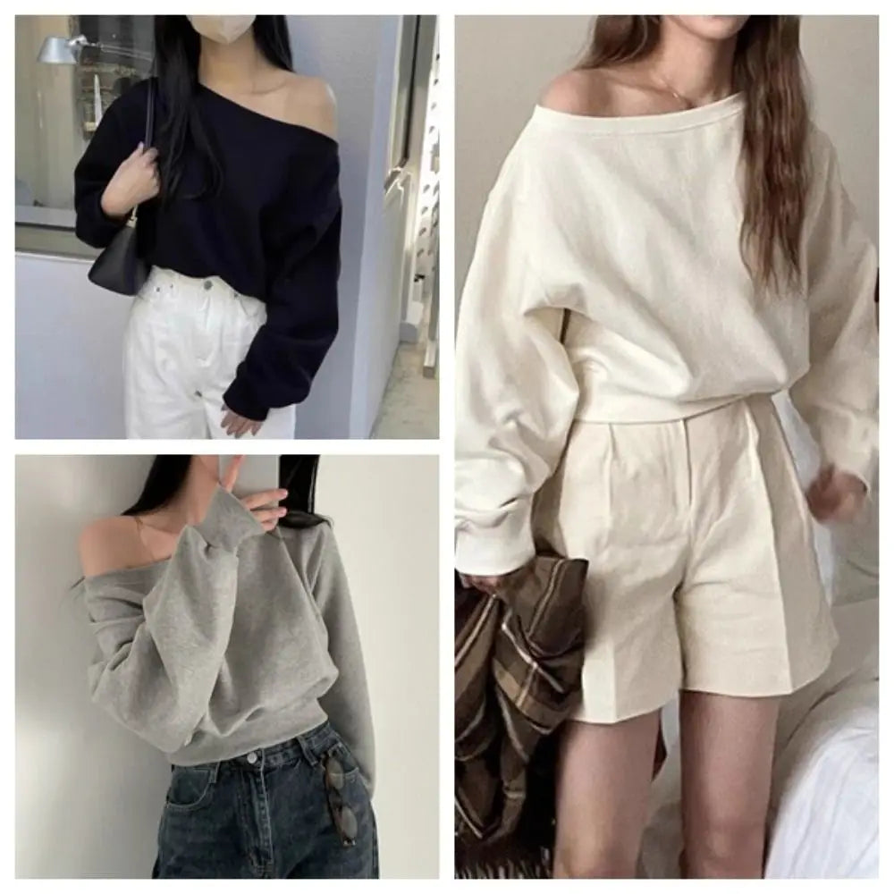 Korean Style Retro Long Sleeve T Shirt Loose Solid Color Sweatshirts for Women Casual Stylish Autumn Hoodie Crop Top Streetwear