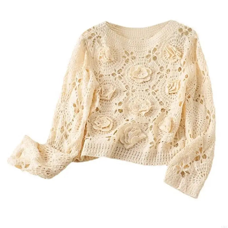 G5GC Crochet Hollowed Out Knit Sweater Crop Top for Women Soft Cotton Fabric Elegant 3D Flower Long Sleeve Pullover Coverup