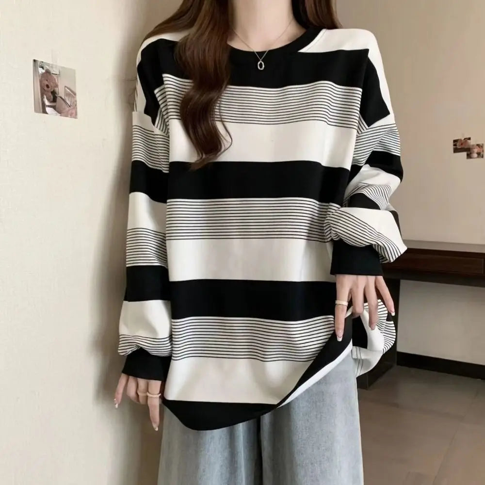 Korean Style Retro Long Sleeve T Shirt Plus Size Loose Sweatshirts for Women Chic Stylish Striped Blouse Streetwear