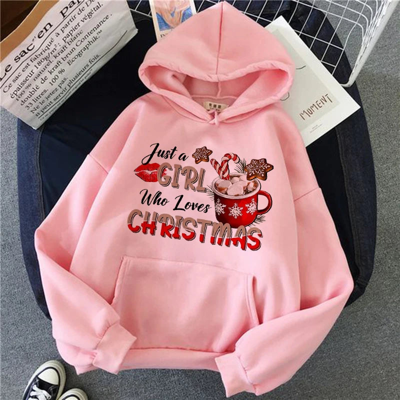 Just A Who Loves Christmas Graphic Hoodies Cozy Holiday Design with Hot Beverage and Snowflakes Sweatshirts Unisex Hoody Clothes