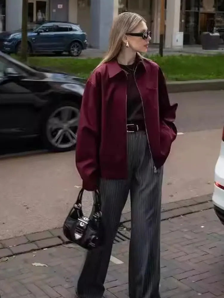 HH Autumn Bomber Jacket For Women Fashion High Street Long Sleeve Zipper Coat Casual Loose Elegant Solid Female Outerwear