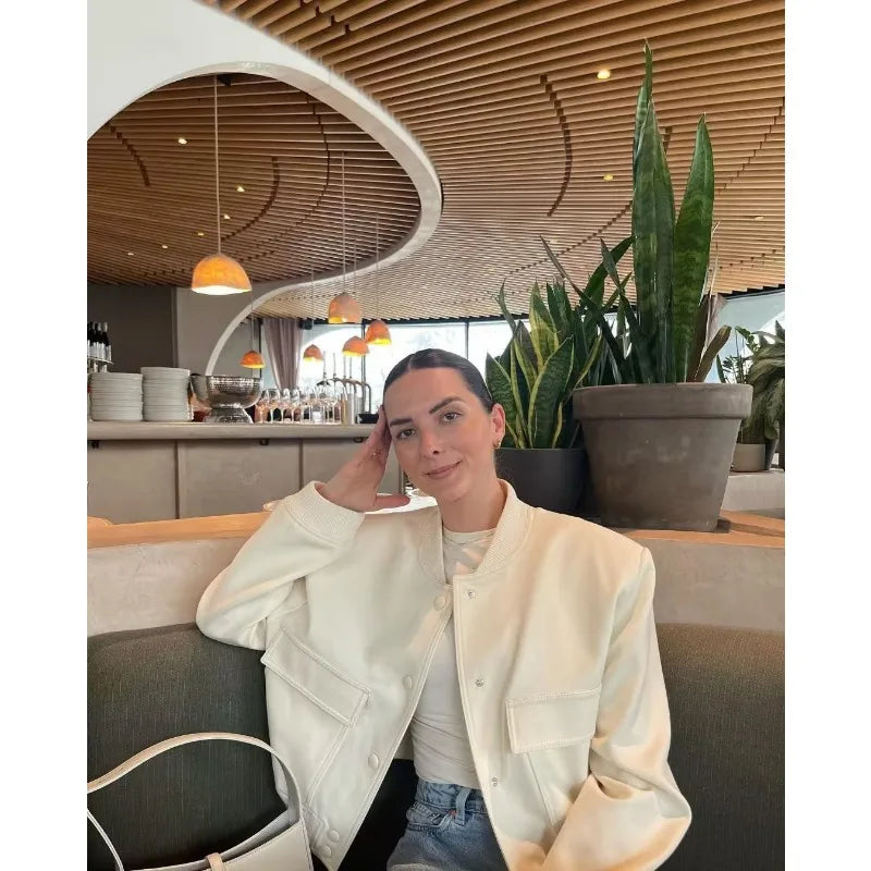 MUJER 2025 Woman Bomber Jacket White Autumn Winter Button Cropped Jackets for Women Fashion Long Sleeve Women Coats Outerwears