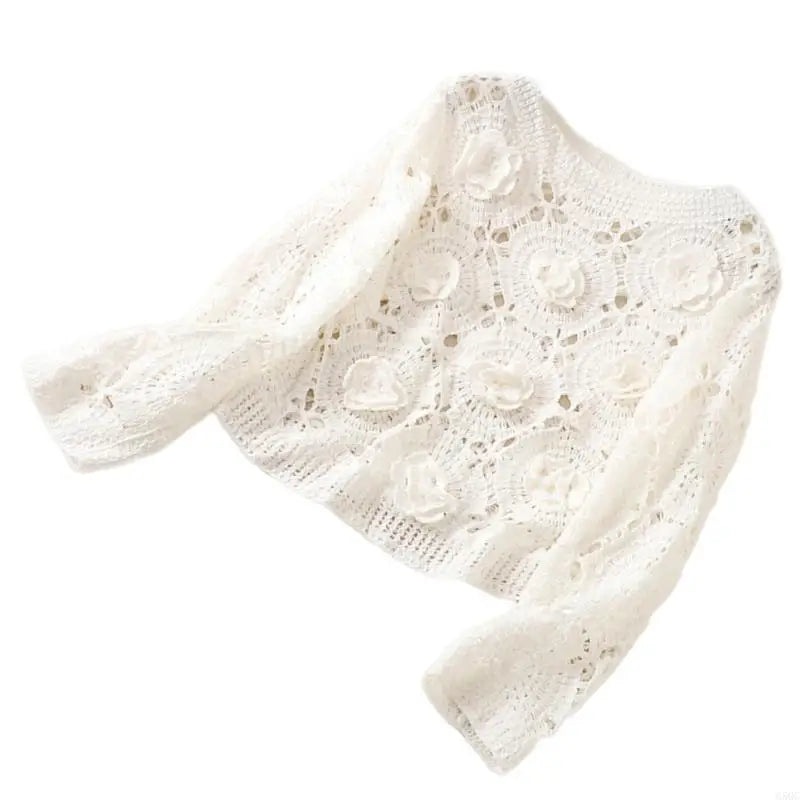 G5GC Crochet Hollowed Out Knit Sweater Crop Top for Women Soft Cotton Fabric Elegant 3D Flower Long Sleeve Pullover Coverup