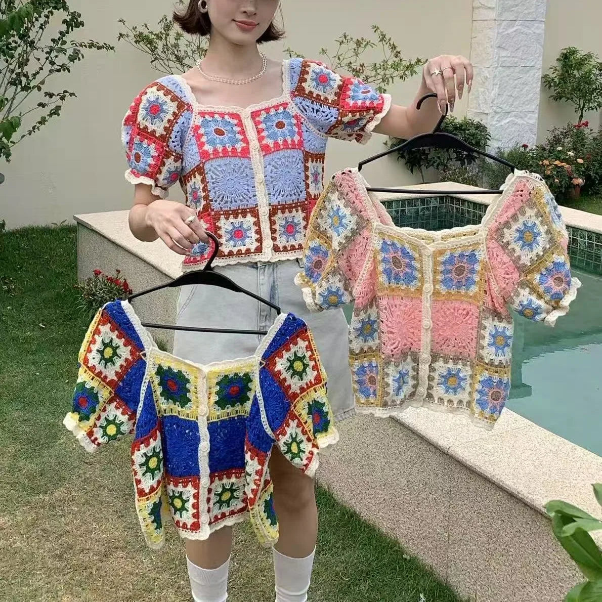 Granny Crochet Top with Puff Sleeve Button Front Openwork Knit Cardigan Blouse Summer Boho Beach Outfit