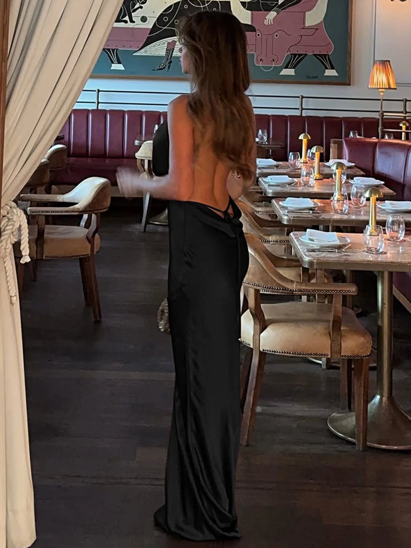 Dulzura Summer Latest Fashion Swinging Collar Backless Lace Up Slim Long Dress Women'S Sexy Elegant Dress Party Club Prom Outfit