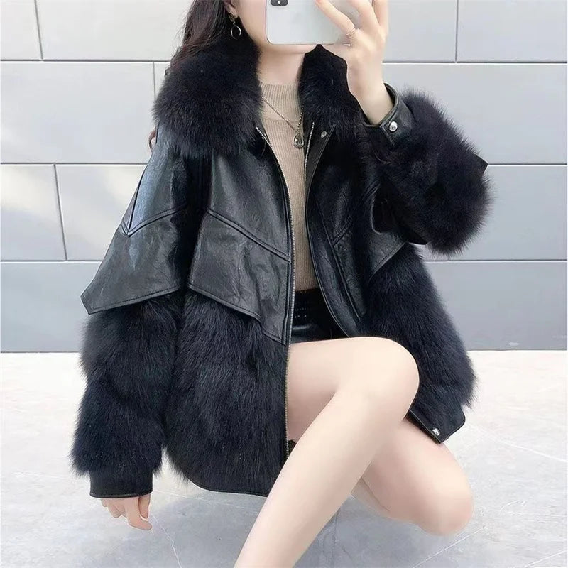 Women Fashion Warm Cardigan Fur Coat 2023 Winter Female New Korean PU Leather Imitation Fox Fur Medium Length Thick Haining Coat