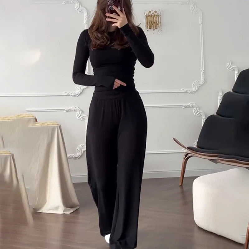 Solid Top Trousers Women Set Slim Long Sleeve O-neck Tops Pleated Straight Pocket Pants 2026 Spring Summer Vacation Lady Outfit