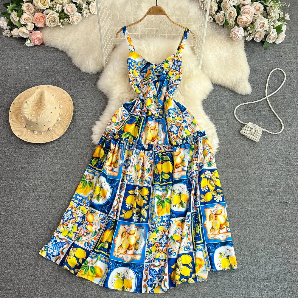 Beach Vacation Skirt with Suspended Strap Summer Gentle Wind, Waist Wrapped Sleeveless A-line Printed Dress Girl Dresses Leisure