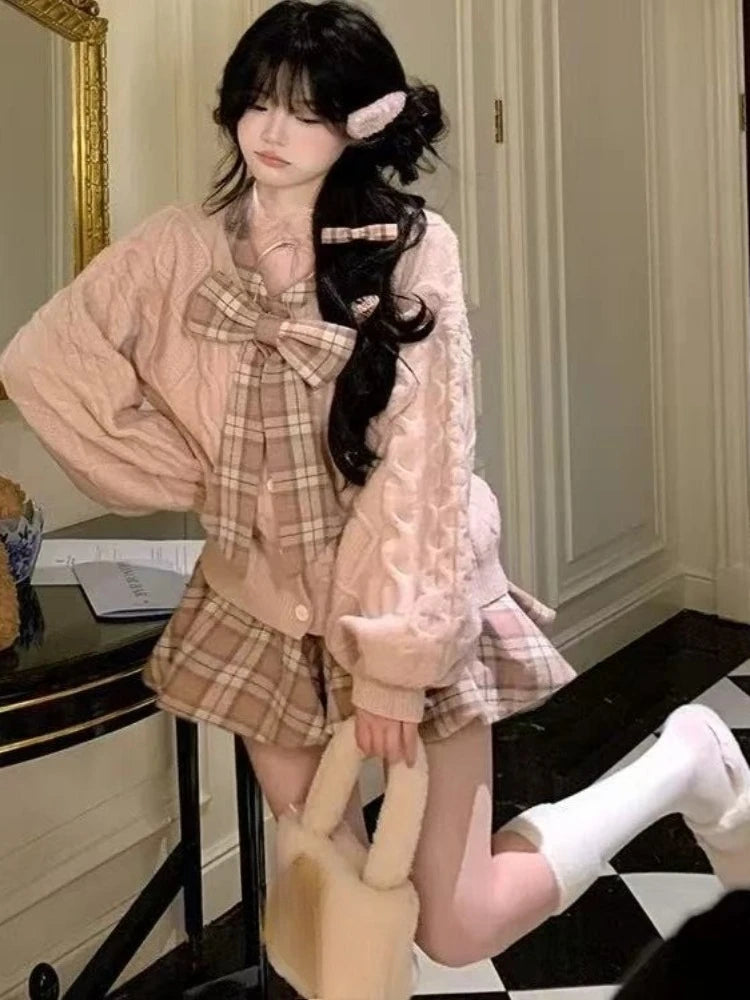Korean College Style 2 Piece Set Sweet Bowknot Pink Sweater + Plaid Skirt Women  2025 New Autumn Winter Elegant Fashion Outfits