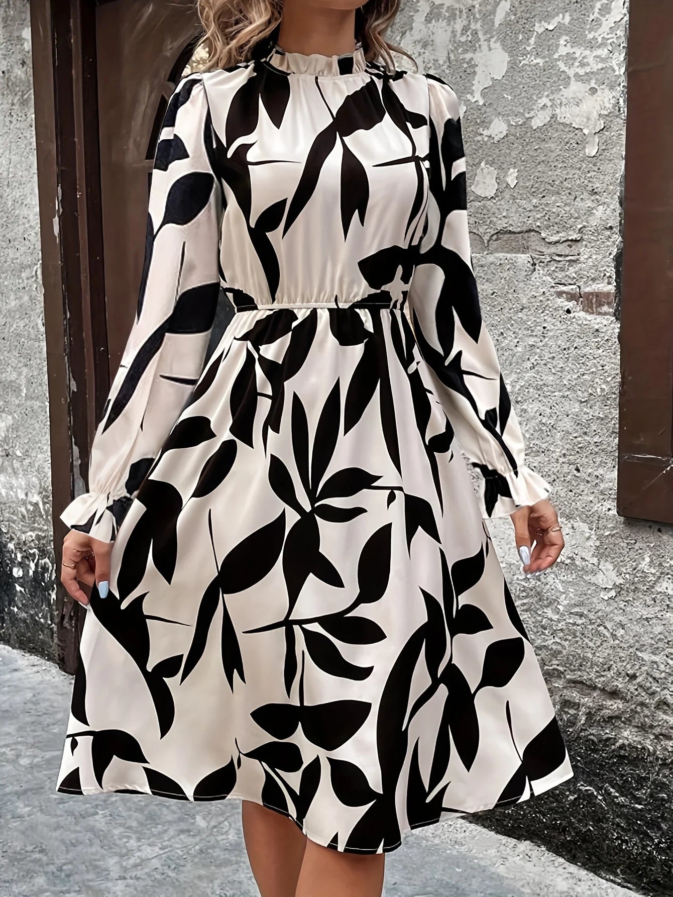 Autumn New Elegant Women Print Dress Casual Fashion Turtlneck Long Sleeve Vacation Long Dresses