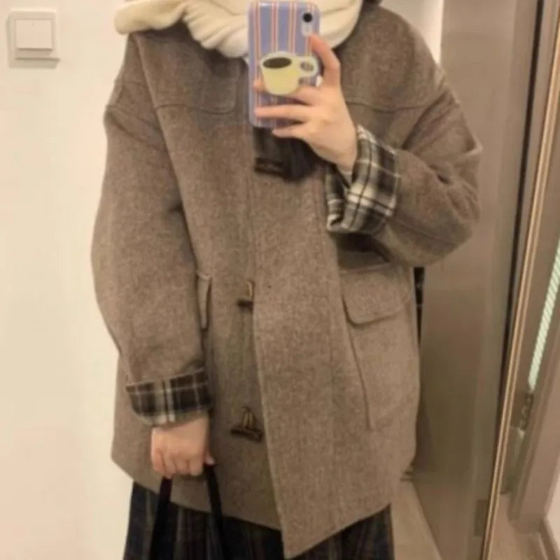 Wool Jackets Women Vintage Loose Casual Blends Autumn Winter Thick Korean Style Harajuku Hooded Ulzzang Classic Temperament 2024