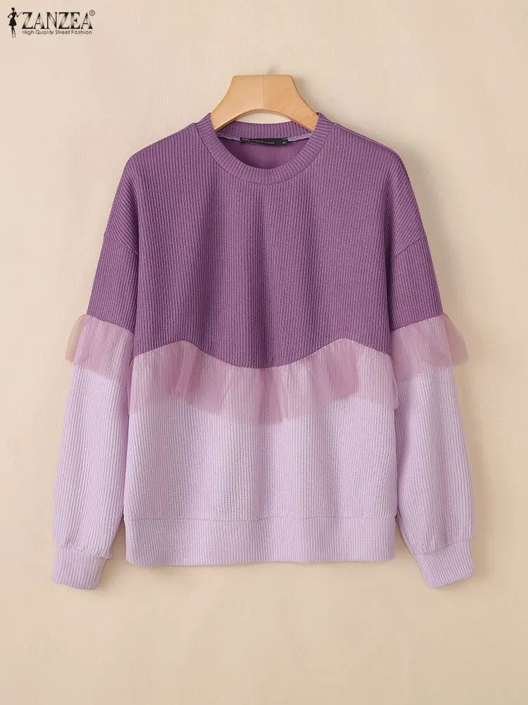 ZANZEA Korean Fashion Women's Sweatshirts Autumn Cozy Drop-Shoulder Sleeve Mesh Patchwork Contrast-Color Pullovers Woman Clothes
