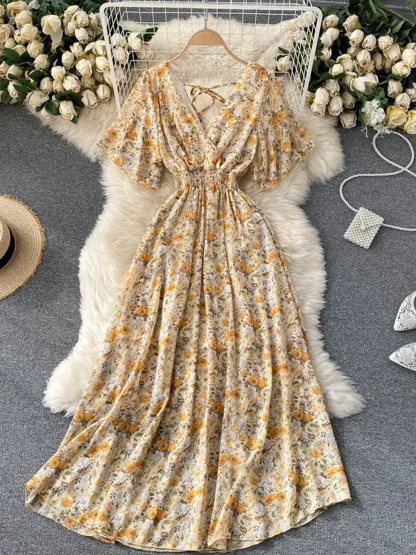 2025 Women Summer Dress Short Flare Sleeve V-neck Chiffon Maxi Dress Boho Style Floral Print High Waist A-line Beach Long Dress