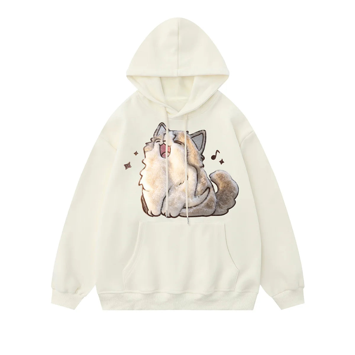 Korean Style Cat Print Pullover Hoodie Streetwear Embroidery Design Autumn Winter Cute Cartoon Loose Fit For Couples Men Women