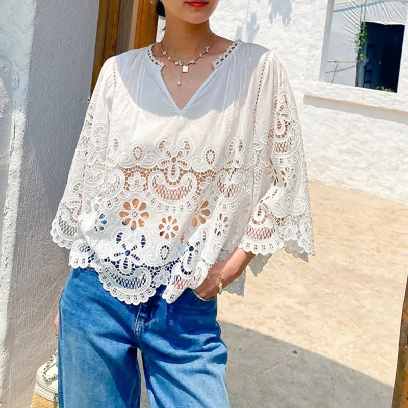 Chic Hollow Lace Embroidery Suit French V-neck Casual Top + Elastic Waist Shorts 2-piece Set For Vacation Beach Women Outfits