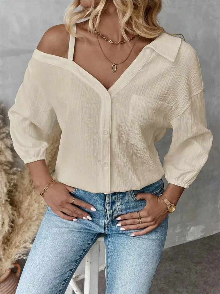 Women Solid Shirt Sexy V Neck Off Shoulder White Shirts Tops Lady Fashion Pockets Button Office Top Womens Clothing Summer New